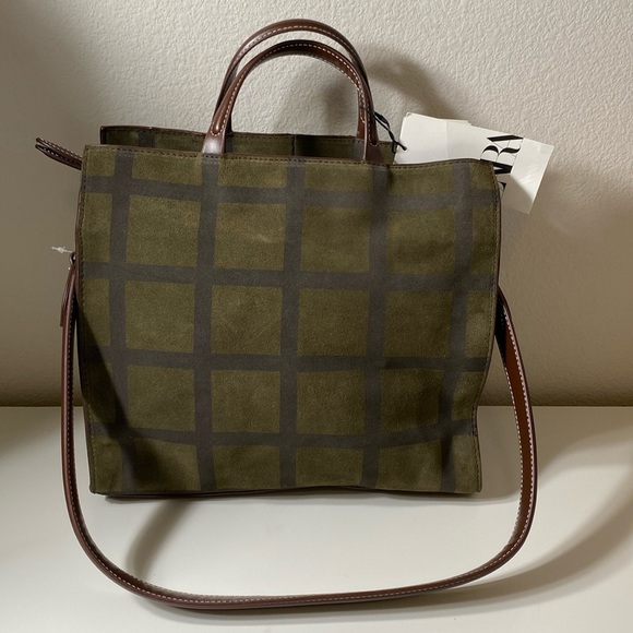 Zara check split suede square 2way satchel/tote green - Picture 6 of 12